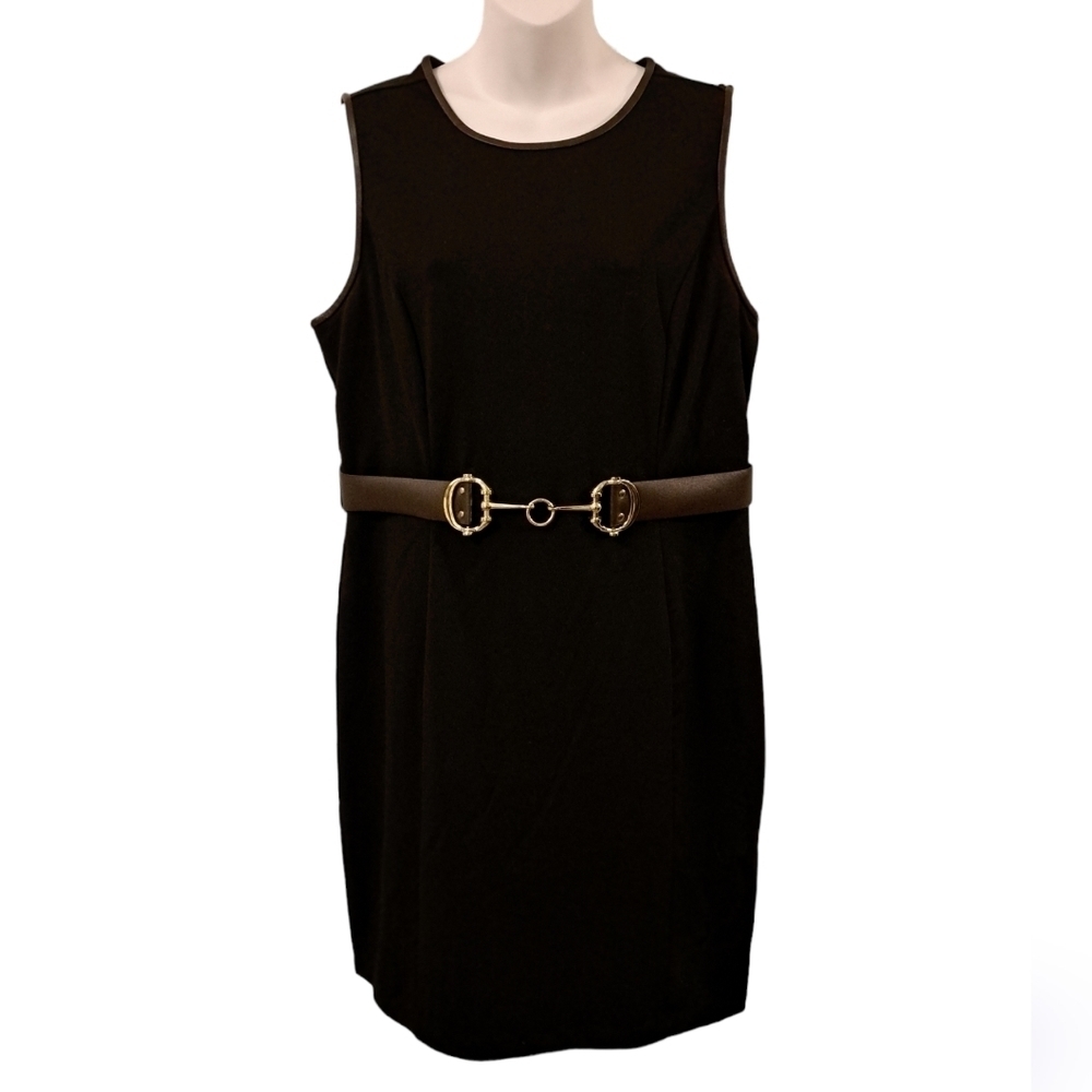 ROZ & ALI - Sleeveless Sheath - Pleather Attached Brown/Gold Belt - Size 14